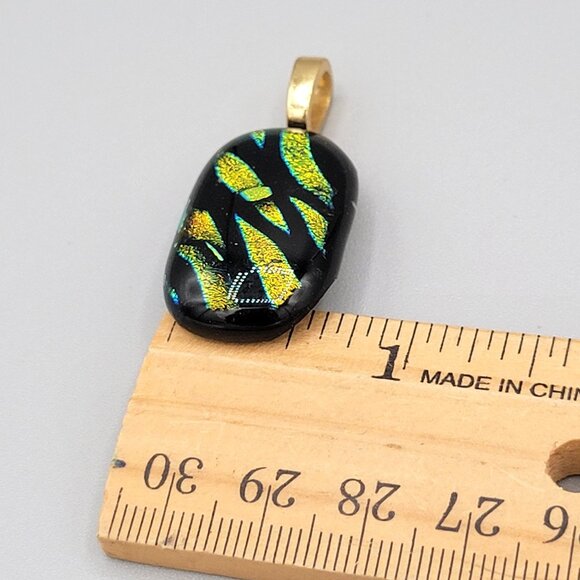 Dichroic Glass Pendant With Gold Tone Bail Shiny Glittery Green Black - Picture 7 of 7